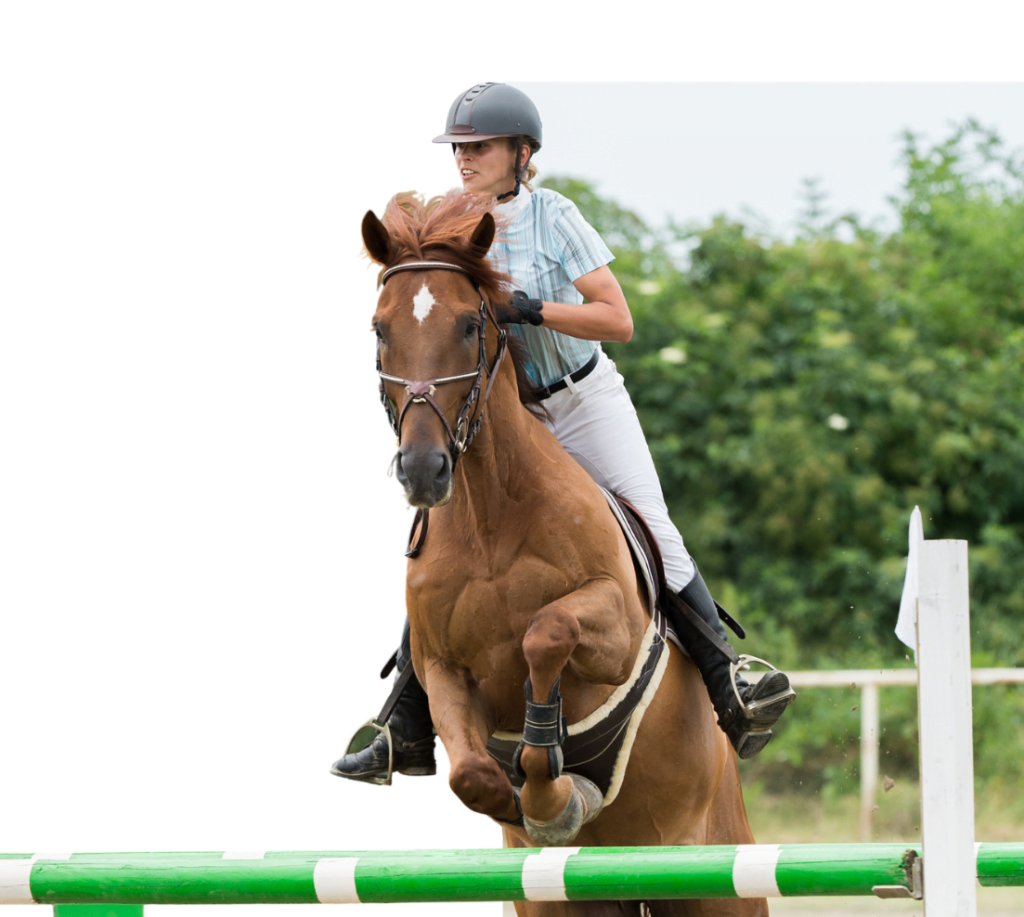 Pige træner springning med sin hest, og er på vej over springet. 
