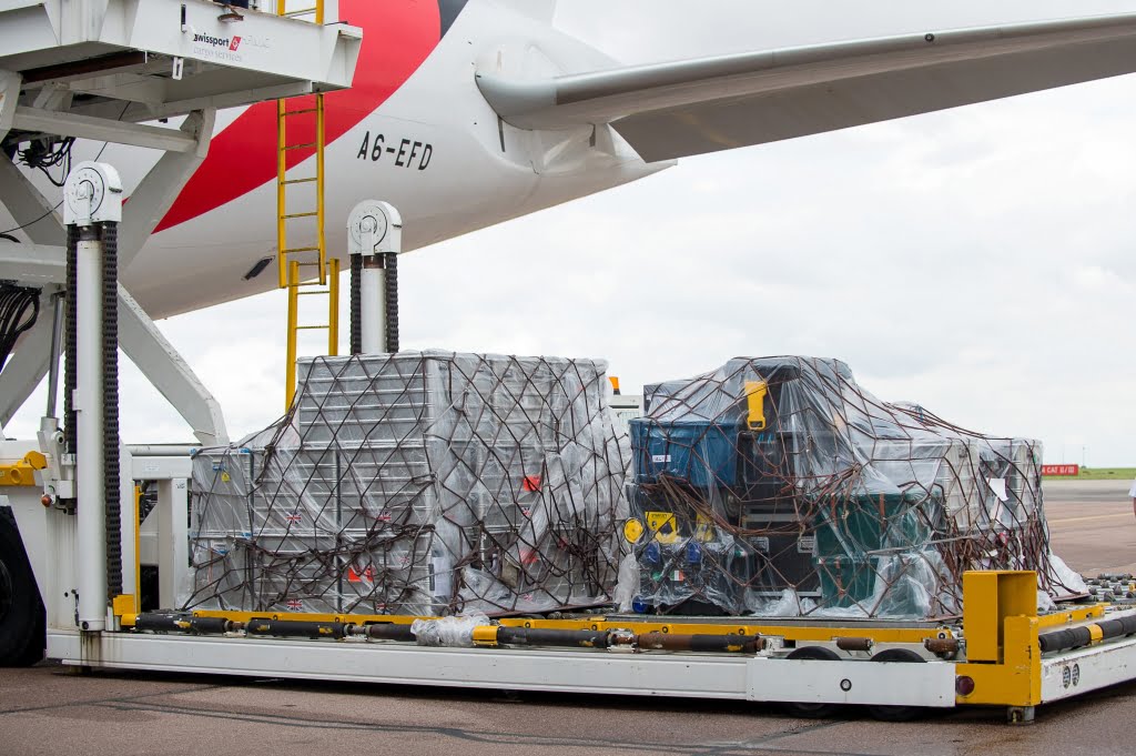 Horse luggage is loaded on to an Emirates SkyCargo Boeing 777-F at London Stansted Airport. On the flight were 34 horses from 10 of the nations competing in Equestrian at Rio 2016 - 29 July 2016 - Pic  Jon Stroud