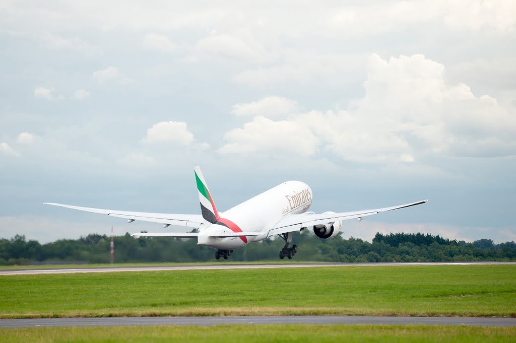 An Emirates SkyCargo Boeing 777-F taking horses to the Rio 2016 Olympic Games takes off from London Stansted Airport. On the flight were 34 horses from 10 of the nations competing in Equestrian at Rio 2016 - 29 July 2016 -Pic Jon Stroud